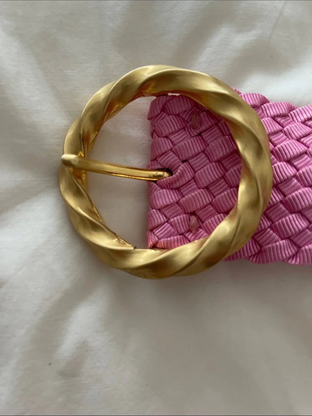 Vintage Pink Braided Stretch Belt with Gold Twisted Round Buckle made in Spain